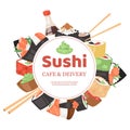 Sushi cafe and delivery banner, poster vector illustration. Japanese cuisine in cartoon style. Asian food wirh rice