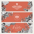 Sushi cafe and restaurant banner templates. Asian food background. Vector illustration