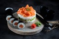 Sushi cake with lightly salted salmon, nori and avocado.