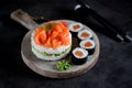 Sushi cake with lightly salted salmon, nori and avocado.