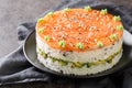 Sushi cake with a salmon, rice, avocado and philadelphia cheese closeup on the plate. Horizontal