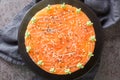 Sushi cake with a salmon, rice, avocado and philadelphia cheese closeup on the plate. Horizontal top view