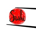 Sushi calligraphy, hand drawn lettering. Chopsticks holding abstract roll isolated on white background.