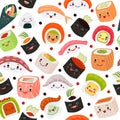 Sushi cartoon japanese food, vector illustration. Cute salmon sashimi with rice, seafood at white background. Cuisine Royalty Free Stock Photo