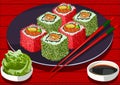 Sushi with caviar and salmon, with soy sauce and wasabi, vector