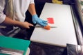 Sushi chef slicing a raw fresh salmon fillet with a sharp knife Royalty Free Stock Photo