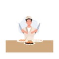 Sushi chef working in a restaurant is cooking Asian restaurant dish. Culinary professional preparing Japanese food, Flat vector Royalty Free Stock Photo