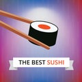 Sushi with chopsticks on light blue pink bamboo background. Vector maki Royalty Free Stock Photo