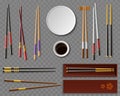 Sushi chopsticks and soy sauce. Realistic dishes and wooden cutlery, traditional asian food, japan restaurant table