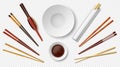 Sushi chopsticks and soy sauce. Realistic Japanese restaurant tableware. Wooden sticks. White porcelain bowl. Utensil