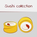 Sushi collection. Amai maki, yellow maki. Multicolored art with a stroke. Vector.