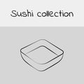 Sushi collection. Soy sauce, teriyaki sauce, sweet chili sauce, sriracha sauce. Line drawing, icon. Vector.