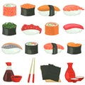 Sushi color flat icons set on white background