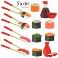 Sushi color flat icons set on white background