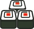 Sushi colored icon in the amount of three pieces with nori, top view
