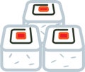 Sushi colored icon in the amount of three pieces, top view