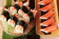 Sushi crab stick with wasabi and sauce. Royalty Free Stock Photo