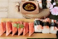 Sushi crab stick with wasabi and sauce. Royalty Free Stock Photo