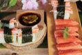 Sushi crab stick with wasabi and sauce. Royalty Free Stock Photo