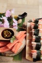 Sushi crab stick with wasabi and sauce. Royalty Free Stock Photo