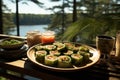 Sushi with crispy nori algae on a ceramic plate, overlooking a quiet lake., generative IA Royalty Free Stock Photo