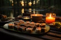 Sushi with crispy nori algae on a ceramic plate, overlooking a quiet lake., generative IA Royalty Free Stock Photo
