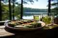 Sushi with crispy nori algae on a ceramic plate, overlooking a quiet lake., generative IA Royalty Free Stock Photo