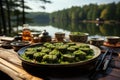 Sushi with crispy nori algae on a ceramic plate, overlooking a quiet lake., generative IA Royalty Free Stock Photo