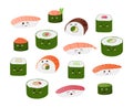 sushi. Cute cartoon Asian food characters with funny faces, salmon and wasabi. Vector traditional cuise