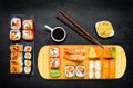 Sushi Delicacy with Soy Sauce, Wasabi and Sashimi Royalty Free Stock Photo