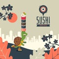 Sushi delivery banner, vector illustration. Japanese food menu with funny cartoon character turtle on roller skates