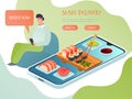 Sushi delivery online service vector illustration. Isometric delivering landing page, web site template. Restaurant