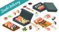 Sushi delivery service asian menu food vector illustration isolated on white. Isometric set sushi, sashimi Royalty Free Stock Photo