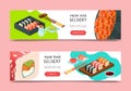 Sushi delivery vector illustration. Delivering online service banner design template. Restaurant delivers Japanese food.