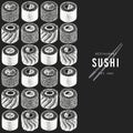 Sushi design template. Hand drawn vector illustrations on chalk board. Japanese cuisine elements retro style. Asian food