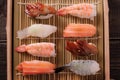 Sushi different assorted wood tray takeaway top view