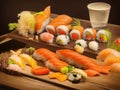 Sushi dish on a wooden board. several pieces of various sushi