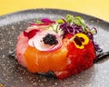 Sushi donut on a ceramic plate. Sushi trend. Creative food Royalty Free Stock Photo