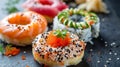 Sushi donuts served on dark concrete table, japanese sushi made in shape of donuts, food mashup concept.