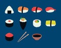 Sushi Elements Set. Japanese traditional food icon. Vector illustration