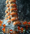 sushi falling from the kitchen, in the style of explosive abstracts, photo-realistic compositions. Generative AI