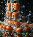 sushi falling from the kitchen, in the style of explosive abstracts, photo-realistic compositions. Generative AI