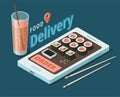 Sushi food delivery service template. Restaurant japanese menu. Isometric