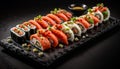 sushi food. Maki ands rolls with tuna, salmon, shrimp, crab and avocado. Top view of assorted sushi, all you can eat menu. Rainbow Royalty Free Stock Photo