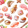 Sushi food seamless pattern on white background