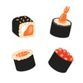 Sushi foods collection. Japanese cuisine, traditional foods. Tekkamaki tuna roll, futomaki. Vector illustration.