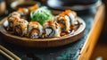 Sushi and fried garlic shrimps, prawn on a stone plate