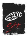 Sushi grunge logo design. Japanese food banner for cafe menu on dark stain