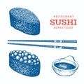 Sushi gunkan hand drawn vector illustrations. Japanese cuisine elements retro style. Asian food background