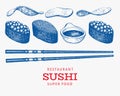 Sushi gunkan and soy sauce set. Japanese cuisine hand drawn vector illustrations. Asian food in retro style